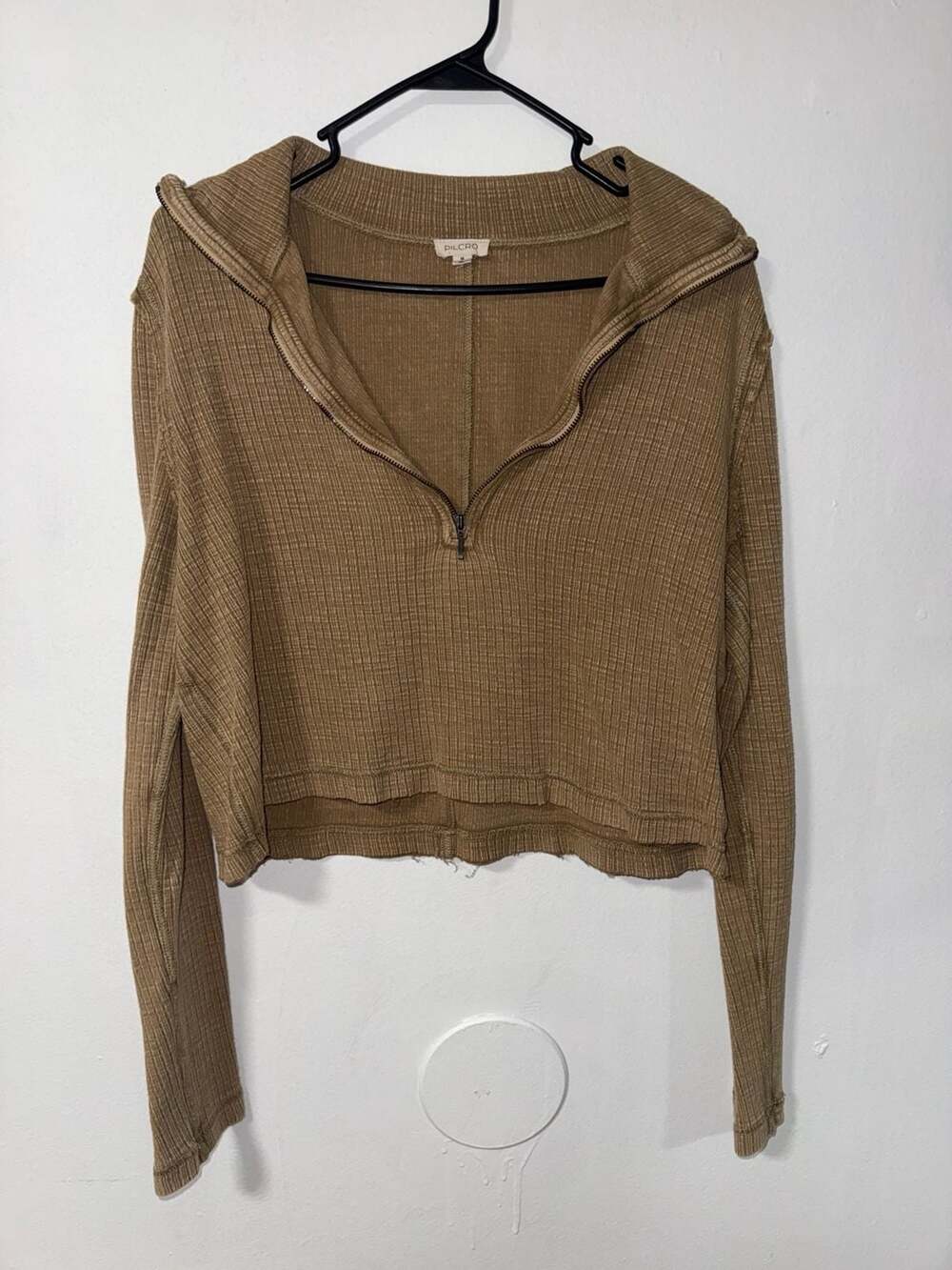 Pilcro Brown Waffle Knit Half Zip Long Sleeve Crop Top Size M